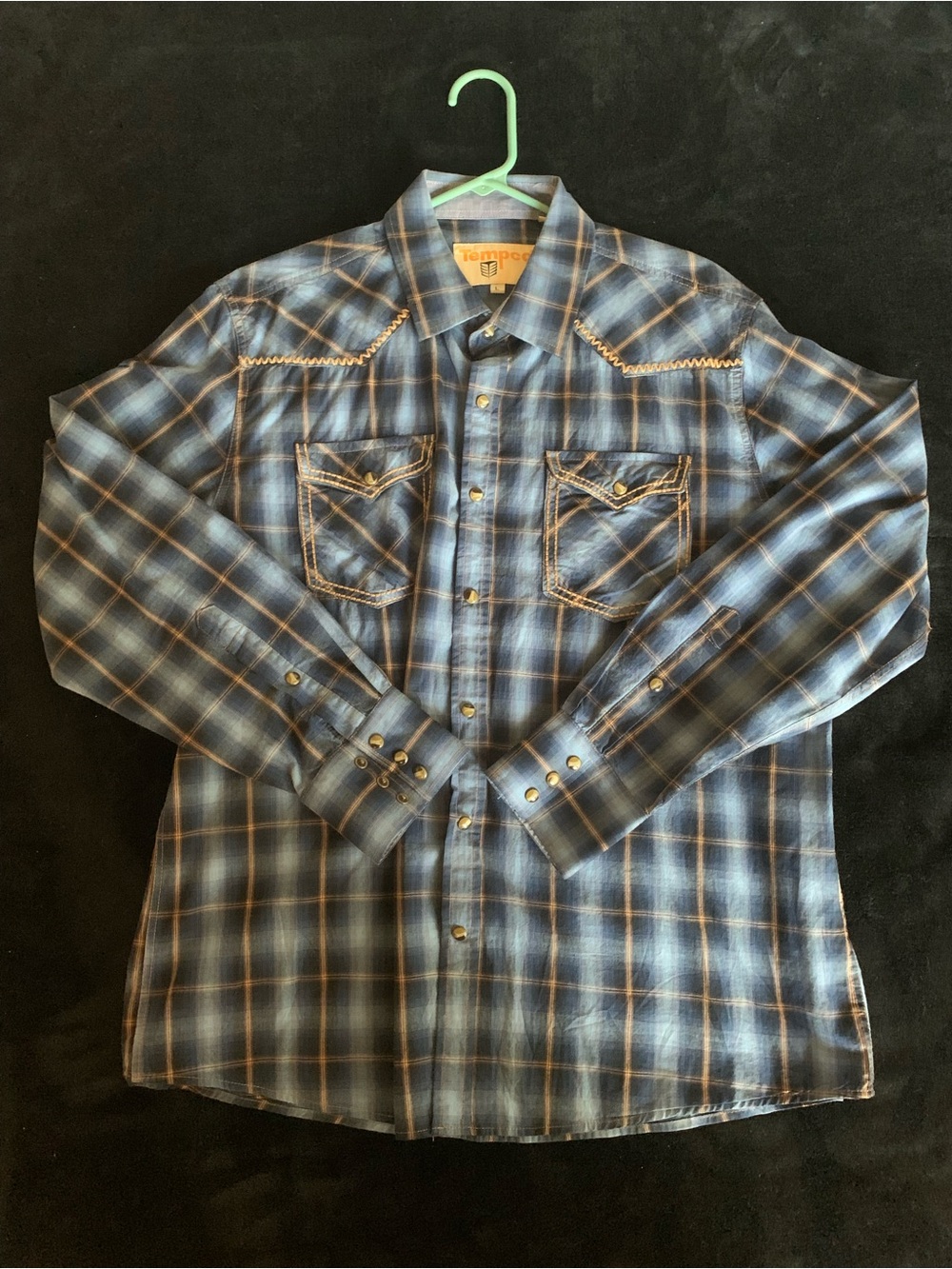 Men's Blue Plaid Button-Down Western Shirt with Contrast Stitching